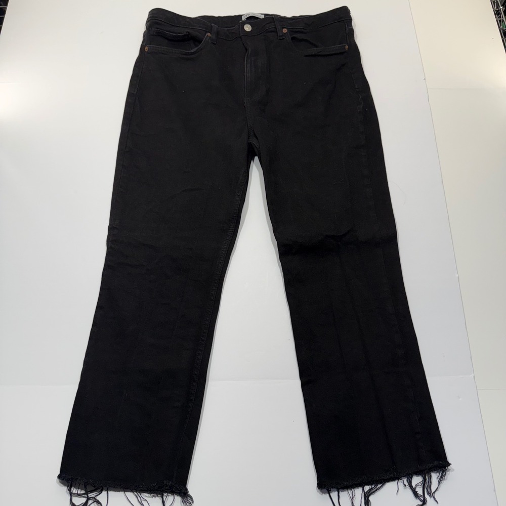 Zara Black High Waisted Straight Leg Frayed Raw Hem Denim Jeans Size 14 EUR 46